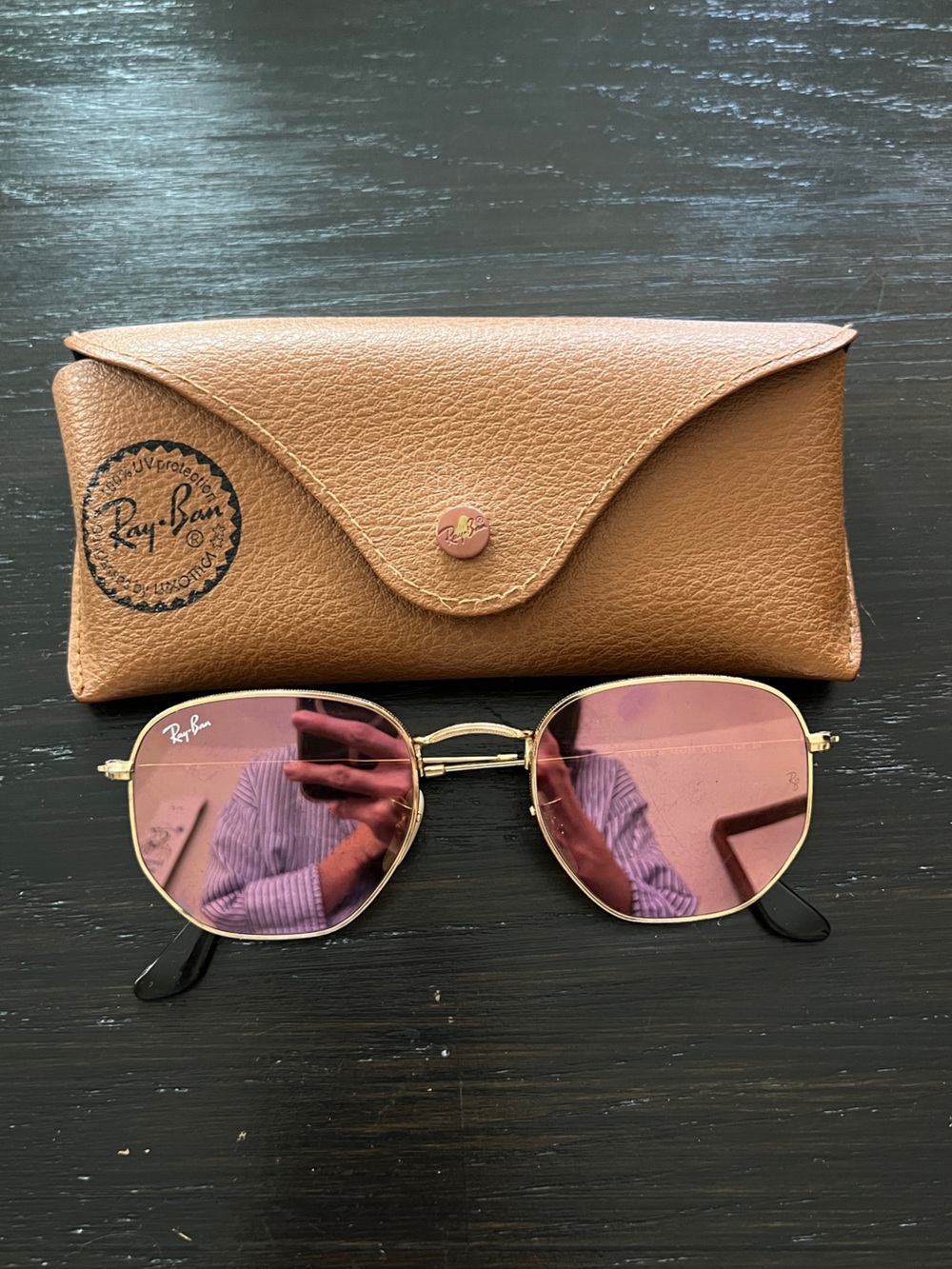 Ray-Ban Hexagonal Gold Frame Sunglasses with Pink Lenses and Tan Case